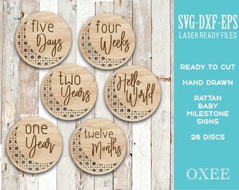 Rattan Baby Milestone discs SVG bundle by Oxee, boho newborn sign svg, Hello World svg, laser cut file, monthly baby age svg