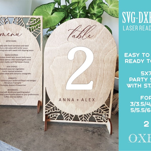 Floral Arch Table Numbers cut file by Oxee, wooden wedding freestanding menu, laser cut wedding sign