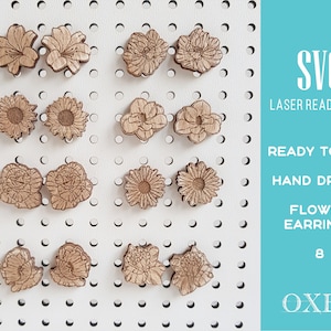 Flower earrings SVG bundle by Oxee, lily wooden stud earrings laser cut, laser cut boho earrings, sunflower wooden stud earrings SVG image 3