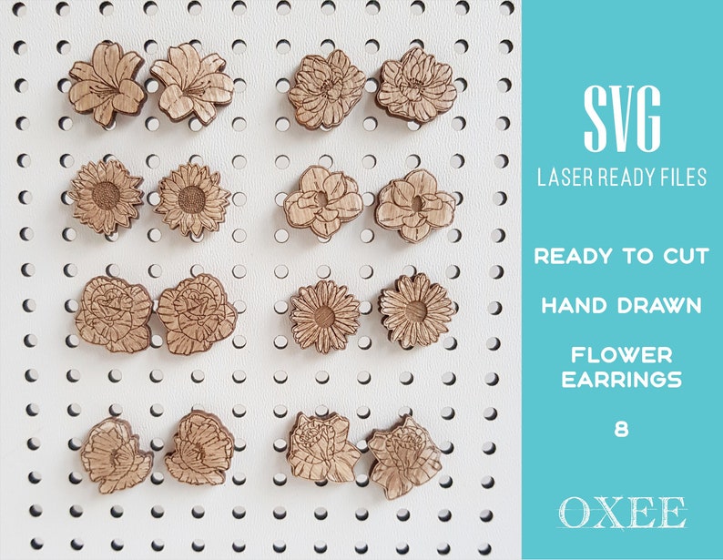Flower earrings SVG bundle by Oxee, lily wooden stud earrings laser cut, laser cut boho earrings, sunflower wooden stud earrings SVG image 3