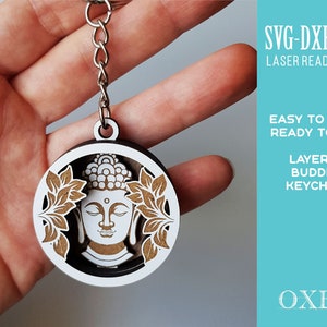 May include: A layered wooden Buddha keychain with a white background and gold accents. The keychain is in the shape of a circle and features a detailed image of Buddha's face.