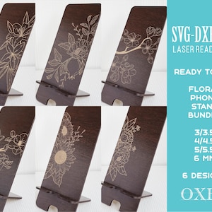 Floral Phone Stand geschnitten Datei von Oxee, einfache Verkauf Phone Stand Bundle, cnc Smartphone Ständer SVG, Glowforge svg, Laser cut Datei