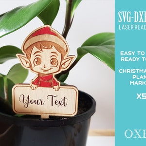 Pacchetto SVG marcatore pianta Elfo di Natale di Oxee, Funny Plant Stakes, Etichette regalo pianta Elfo, Garden Markers SVG, Glowforge svg, File tagliato al laser