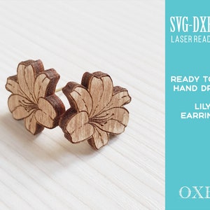Lily stud earrings SVG by Oxee, lily stud wooden earrings laser cut, laser cut boho earrings, floral wooden earrings SVG