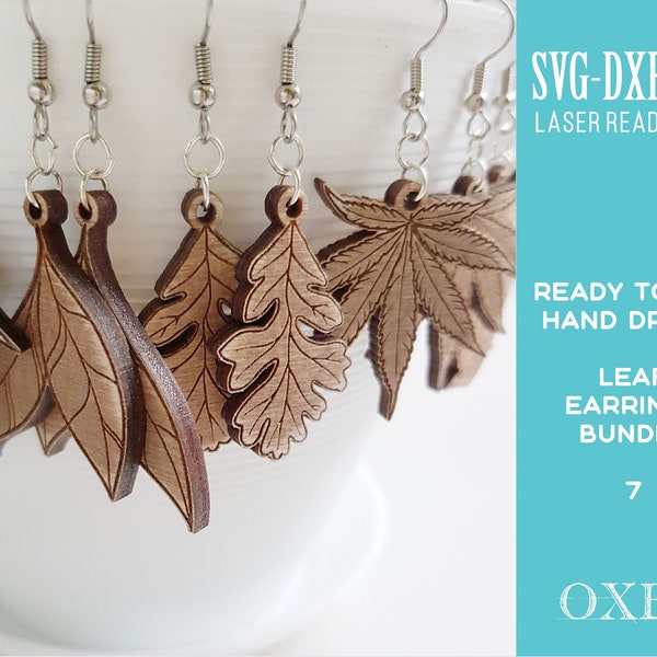 Leaf earrings SVG bundle by Oxee, oak wooden earrings laser cut, laser cut boho earrings, autumn leaves wooden earrings  SVG