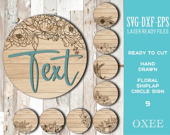 Floral shiplap circle sign SVG bundle by Oxee, wooden wall sign laser cut, laser cut wooden family sign, glowforge circle sign