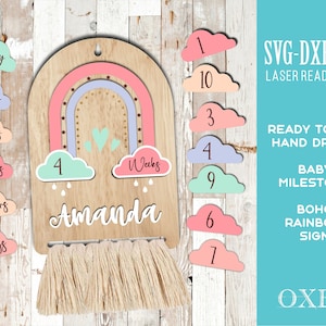 Boho Baby Milestone por Oxee, boho recién nacido signo svg, archivo de corte láser, signo de hito de bebé Glowforge