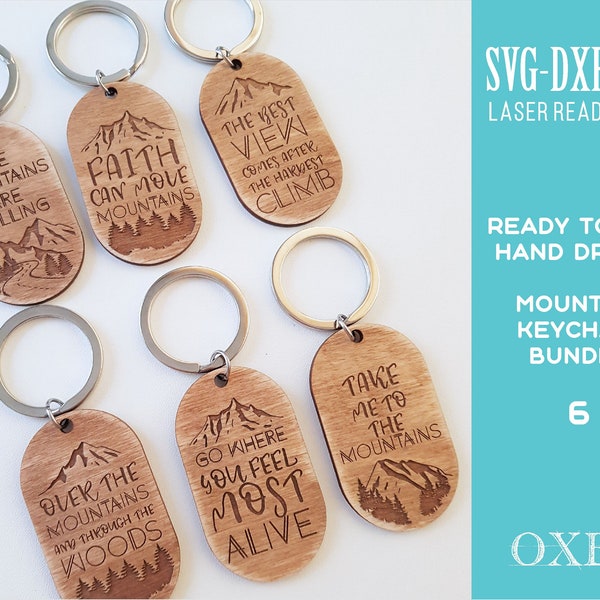 Lot de porte-clés montagne SVG par Oxee, cadeau montagne, porte-clé découpé au laser, porte-clé en bois SVG, montagne citations porte-clés SVG