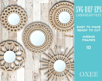 Wooden Mirror Frame bundle by Oxee, wall mirror decoration, circle wall decor SVG bundle, laser cut mirror frame