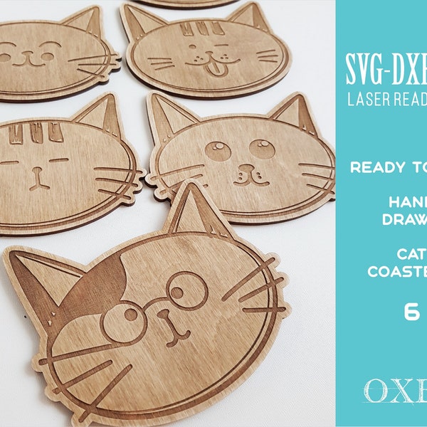 Cat coasters SVG bundle by Oxee, Funny coasters, doodle cat face coasters SVG, cat mama gift SVG, Glowforge svg, Laser cut file