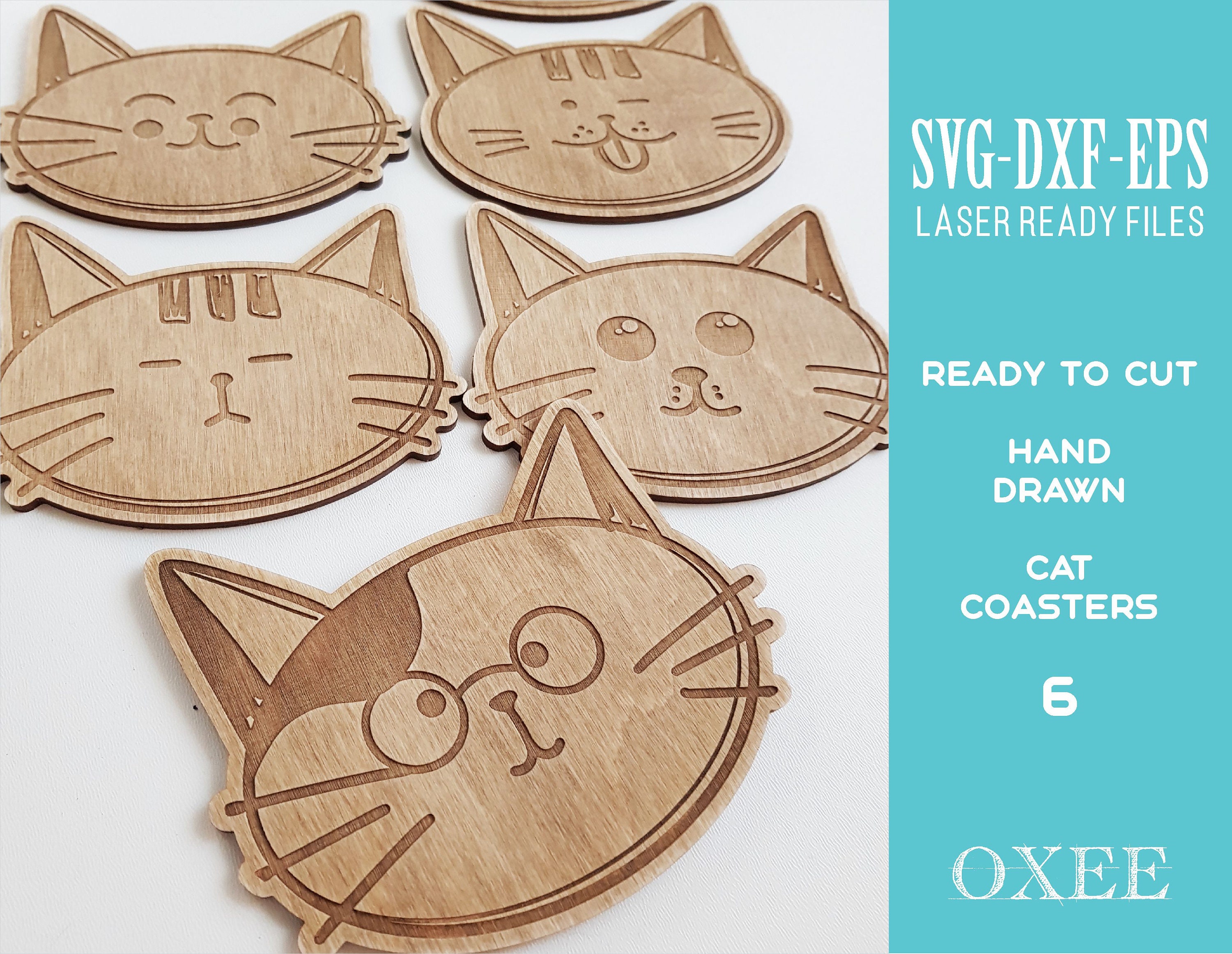 Cat Coasters SVG Bundle by Oxee, Funny Coasters, Doodle Cat Face