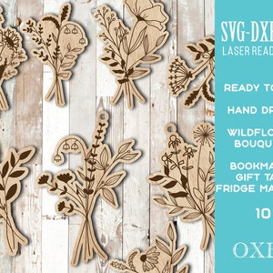Buquês de flores silvestres de madeira da Oxee, arquivo de corte a laser de madeira, ímã botânico SVG, Glowforge svg, marcadores de flores de madeira
