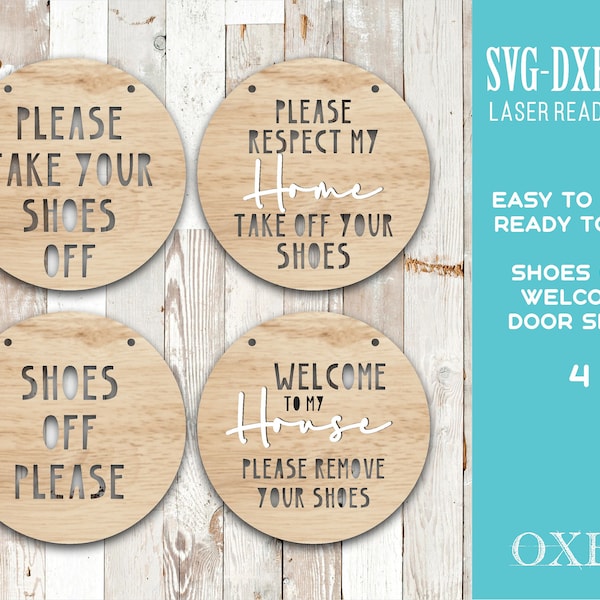 Shoes off laser cut sign by Oxee, welcome door sign, circle shoes off door hanger SVG bundle