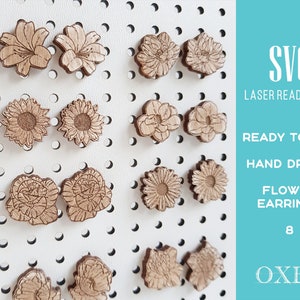 Flower earrings SVG bundle by Oxee, lily wooden stud earrings laser cut, laser cut boho earrings, sunflower wooden stud earrings SVG image 9