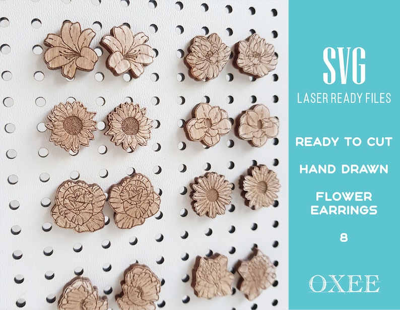 Flower earrings SVG bundle by Oxee, lily wooden stud earrings laser cut, laser cut boho earrings, sunflower wooden stud earrings SVG image 9