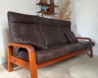 3-seater Scandinavian teak and leather sofa bench