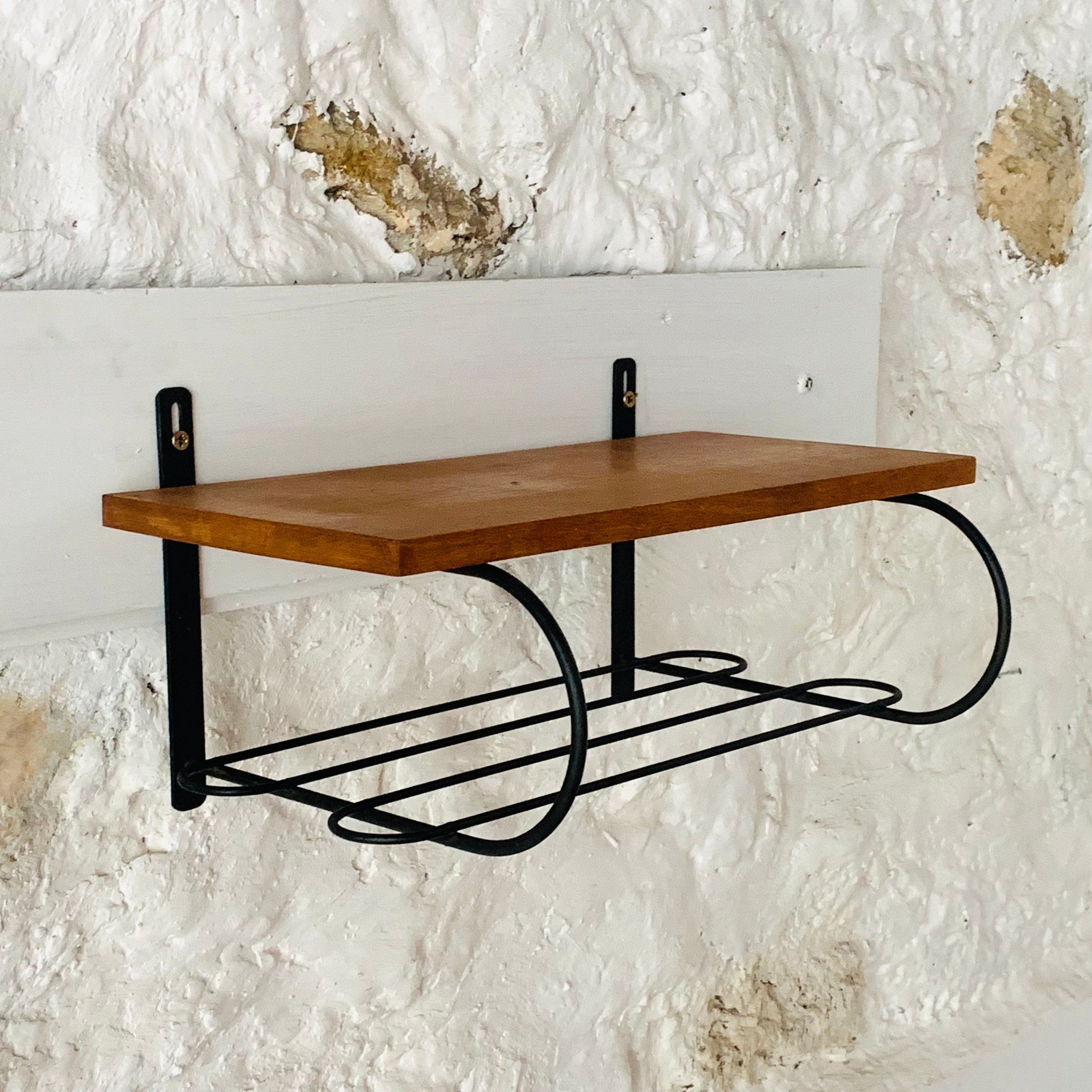 Etagère Murale Vintage en Chêne et Métal - Table de Chevet Suspendue