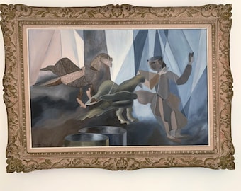 Op de afbeelding: Een ingelijst schilderij dat twee figuren in kubistische stijl afbeeldt. De figuren zijn gedeeltelijk verborgen door geometrische vormen en lijken met elkaar te communiceren. Het schilderij is uitgevoerd in tinten blauw, grijs en bruin.
