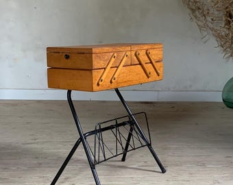 Vintage oak and black metal sewing box