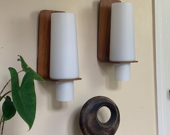 Vintage Scandinavian teak and opaline wall lights