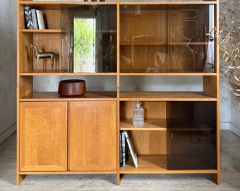 Vintage solid oak display bookcase and cabinet set