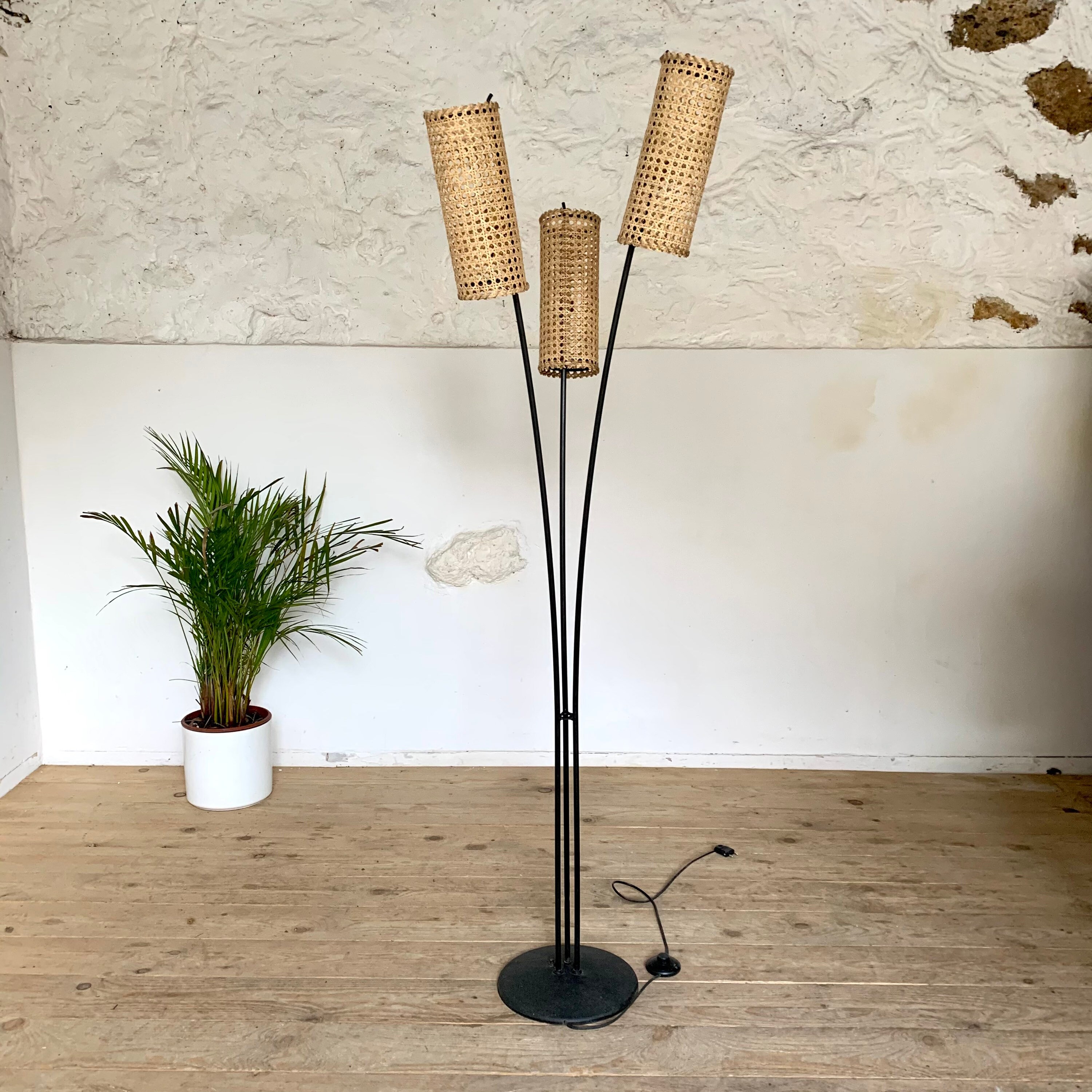 Lampadaire Vintage 3 Branches Abat-Jour Cannage