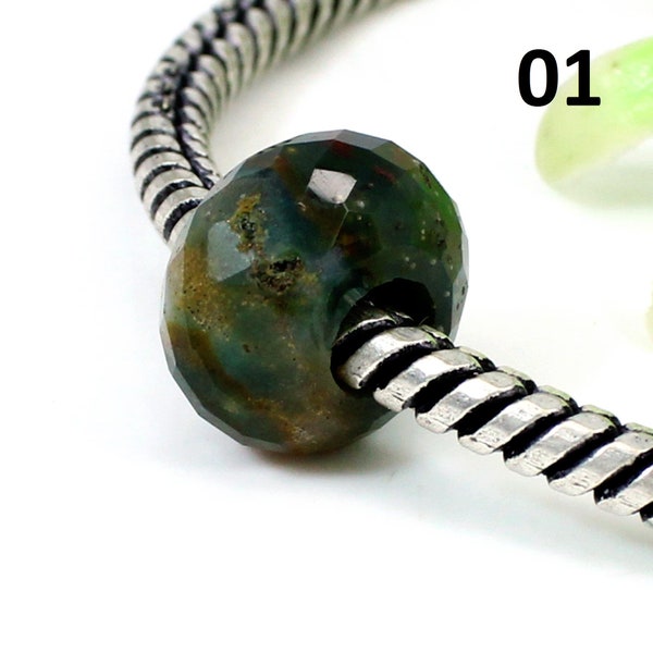 Natural moss agate rondelle faceted 14 x 8 mm with 5 mm big hole beads semi precious stone european charm loose beads for bracelet
