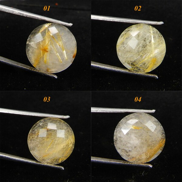 Brazilian golden rutilated quartz round checkerboard cut flat back 16 mm calibrated facet semi precious stone AA quality loose gemstone