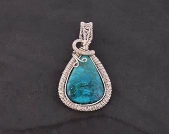Handmade Copper Wire Wrapped Chrysocolla  Pendant