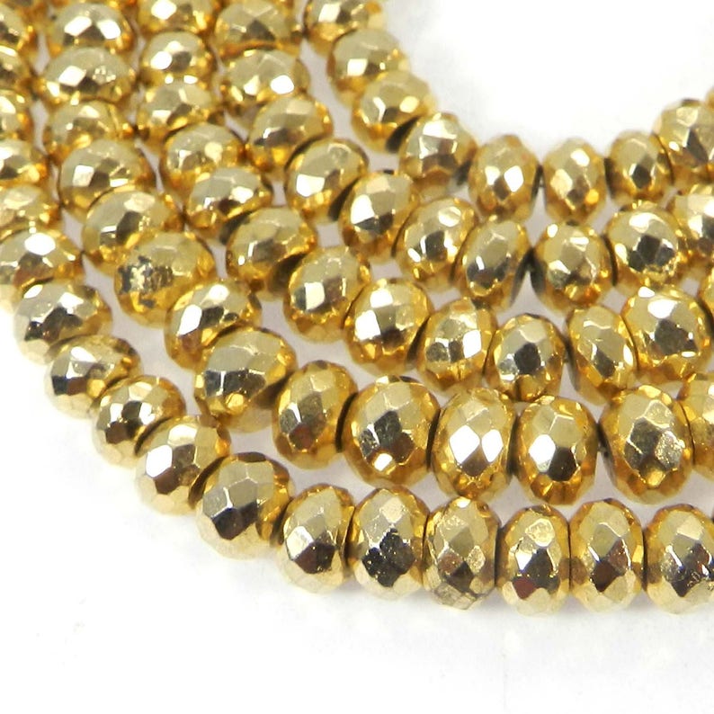 Golden pyrite rose quartz roundel faceted 6.5 mm semi precious stone calibrated faceted loose gemstone strand beads for making jewelry