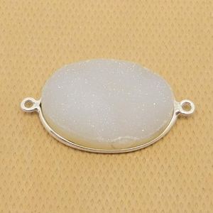 Natural white druzy oval cabochon 35 x 20 mm 925 sterling silver double loop bezel set station connector for jewelry making