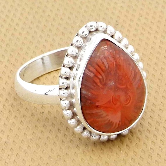 Natural Utah Horn Coral Ring, Red Fossilized Coral Gemstone 925