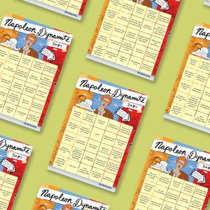 May include: Multiple copies of a "Napoleon Dynamite Bingo" game card are displayed on a light green background. The cards feature a cartoon image of a character from the movie and the title "Napoleon Dynamite Bingo". The cards have a red and blue border.