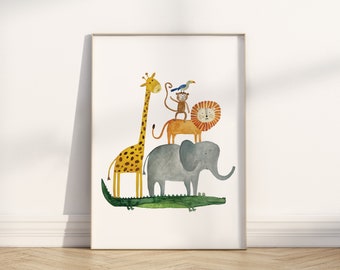 African Safari Animal - Printable Digital Download - Nursery & Kids Room Wall Art - Elephant, Crocodile, Lion, Giraffe, Monkey