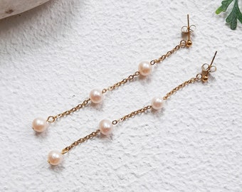 Elegant Long Pearl Drop Earrings Gold