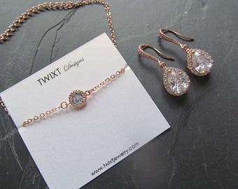 rose gold earrings and bracelet set, rose gold bridal jewelry set