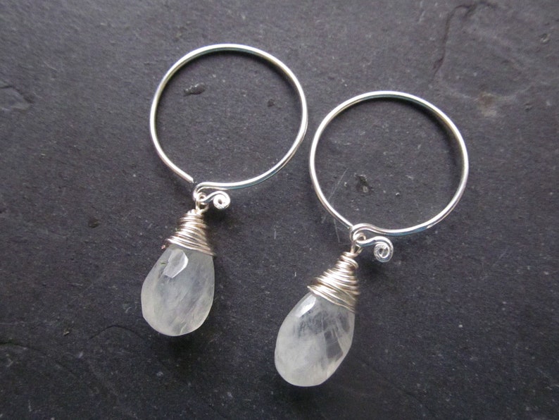 silver earrings, sterling silver earrings gemstone earrings hoop earrings with charm raw crystal earrings moonstone earrings
