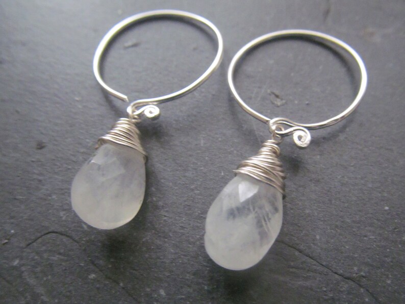 silver earrings, sterling silver earrings gemstone earrings hoop earrings with charm raw crystal earrings moonstone earrings