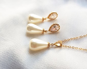 pearl teardrop earrings and necklace set, pearl drop earrings gold, silver, rose gold, pearl bridal jewelry