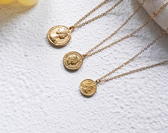 Gold coin necklace, medallion disc necklace, waterproof 18k gold plated necklace