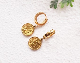 Gold coin earrings, huggie hoop earrings with charm, waterproof, 18 gold plated earrings