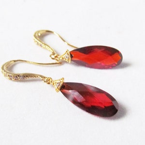 red crystal earrings, gold and red earrings, red prom earrings, red drop earrings, red earrings gold, red teardrop earrings, ruby earrings, image 4