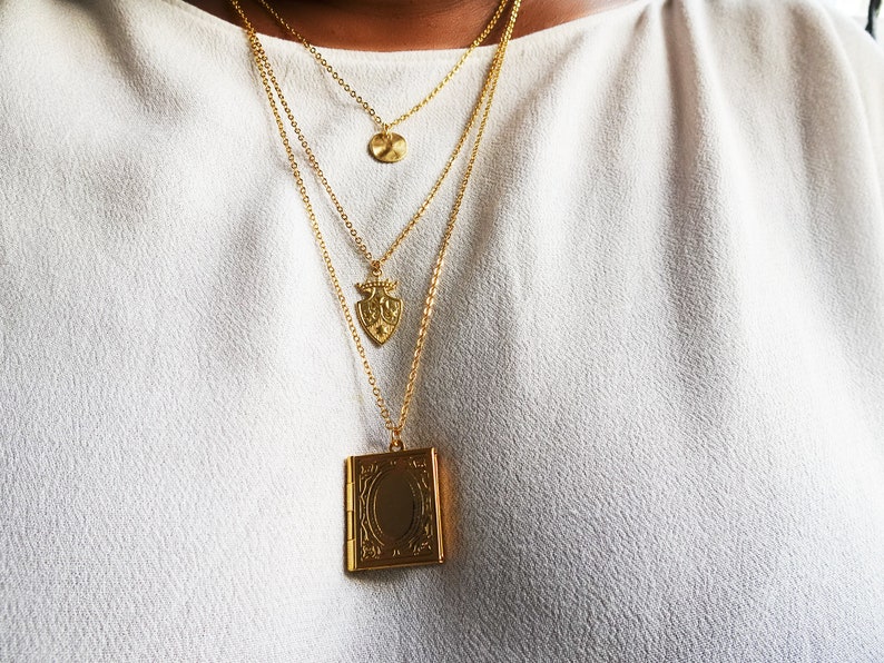 Gold Locket Necklace Book Locket Necklace Keepsake Jewelry Etsy