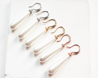 long teardrop pearl earrings, pearl drop earrings gold, pearl bridesmaid earrings