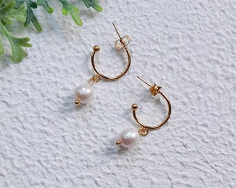 baroque pearl half hoop earrings, open hoop earrings with pearl charm, bridesmaids gift, boho bridal jewelry