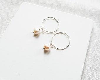 pearl hoop earrings sterling silver, baroque pearl earrings, hoop earrings with charm