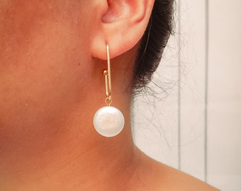 long baroque coin pearl earrings, freshwater pearl jewelry for modern and boho brides