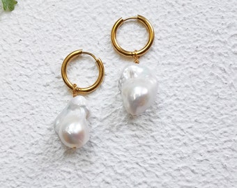 Fireball baroque pearl hoop earrings, large pearl earrings