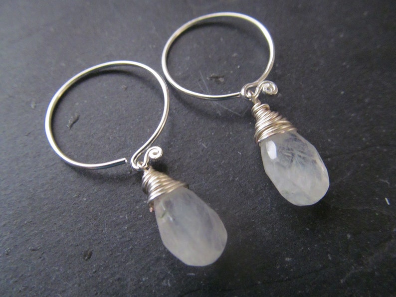 silver earrings, sterling silver earrings gemstone earrings hoop earrings with charm raw crystal earrings moonstone earrings