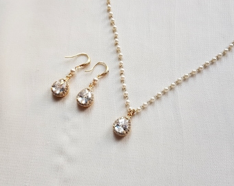 set di collana e orecchini da sposa con perle e cristalli, set di gioielli con perle di zirconi cubici